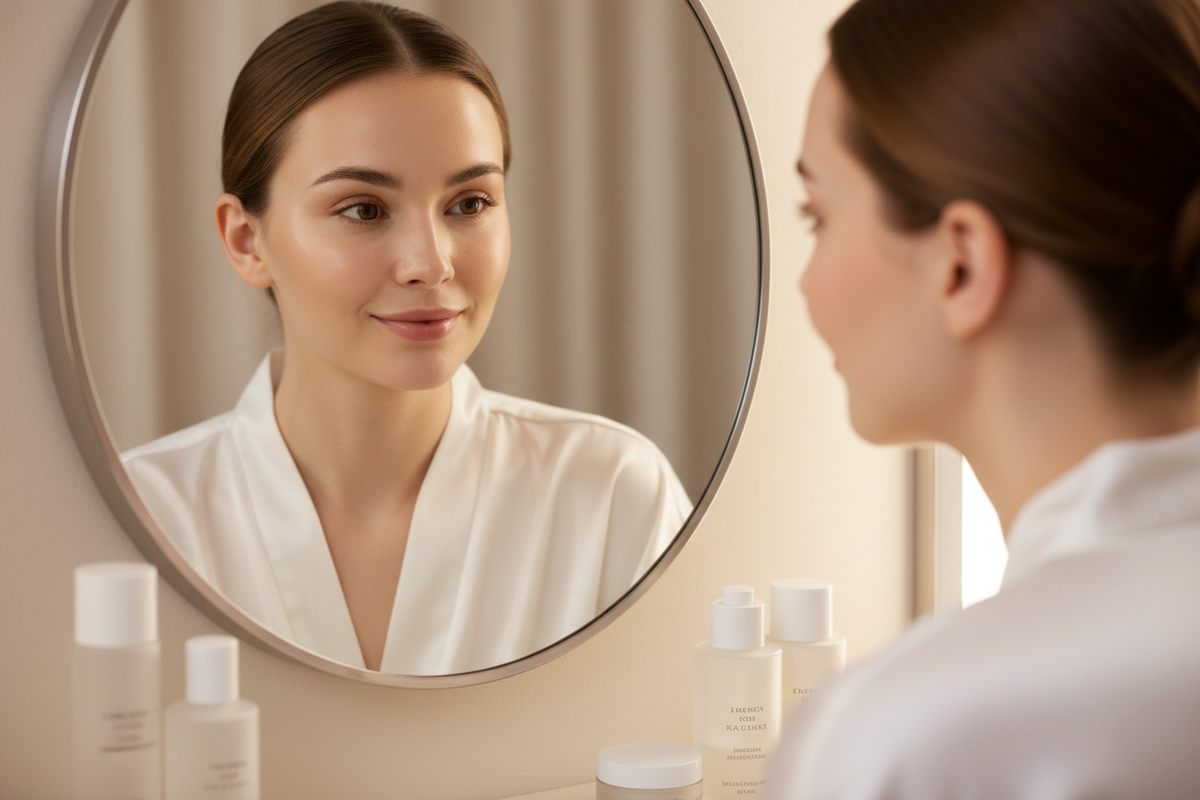 fille avec glass skin regarde son visage sur  la mirroir
